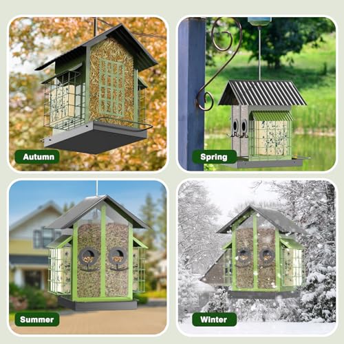 FlowaFoli Bird Feeders for Outdoors, Metal Bird Feeder with Double Suet Cage Weatherproof Metal Roof, 2 in 1 Mixed Seeds Suet Feeder, 4Lbs Large Capacity, Great for Finch、Cardinal、Chickadee（Green） - color: Green
