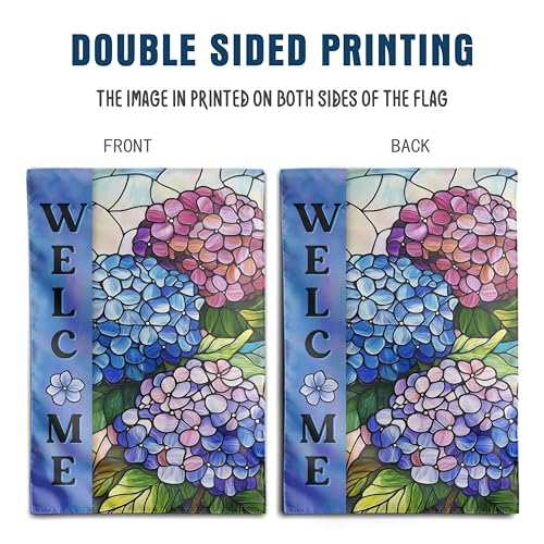 Hydrangea Spring Summer House Flag 28 x 40 Double Sided for Outside Stained Glass Flower Garden Decor Blue Floral Welcome Outdoor Yard Banner - color: hydrangea