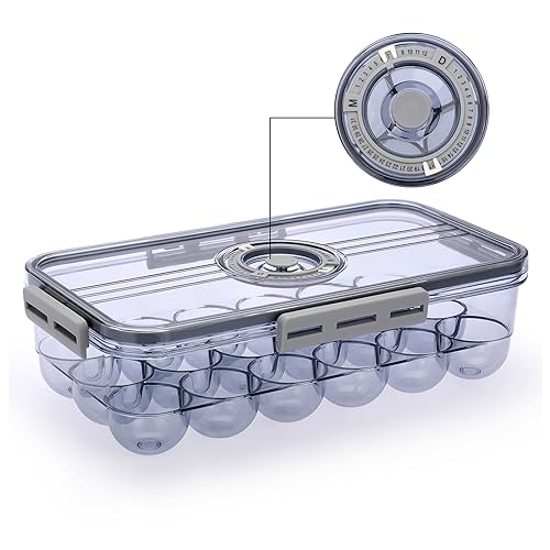 BTSKY Premium Plastic Egg Holder for Fridge - 18 Count Egg Container for Refrigerator, Egg Organizer, Plastic Egg Storage Box with Time Reminer and Lid- Reusable Egg Carton Tray Stackable - size: Small-hold 18 eggs