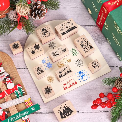 JarThenaAMCS 11 Pcs Winter Wooden Rubber Stamps Snowflake Snowman DIY Craft Stamps for Christmas Xmas Scrapbooking Cards Making - style: Winter
