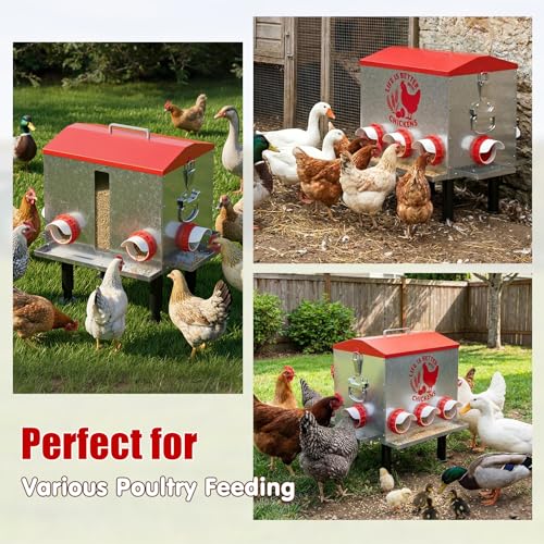 Pawaboo 55LBS Large Capacity Automatic Chicken Feeder | 2026 Upgraded No Waste Poultry Feeder, 7 Feeding Ports, Viewable Feed Level Window - color: Red + Silver