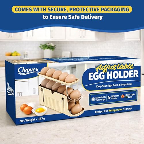 Adjustable Egg Holder for Fridge, Space Saving Egg Organizer Container, Automatic Rolling Egg Dispenser for Refrigerator, Clear Tray for Kitchen Countertop, Home, RV and Dorm Room
