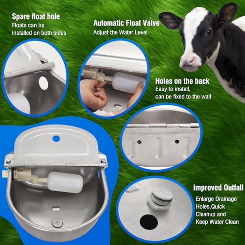 2-Pack Automatic Livestock Waterer, 304 Stainless Steel Auto Fill with Float Valve, Drainage Hole & Baffle, with 39" Hose (3/4"), Wall/Floor Mount, for Dogs, Chickens, Horses, Goats, Pigs