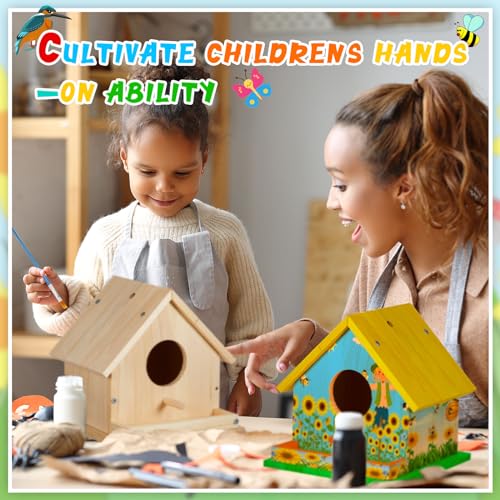 Liliful 1 Sets Wooden DIY Birdhouse Kit, Unfinished Bird Houses with Paints and Paintbrushes, Bird Feeder Craft Arts for Kids Ages 4-8, 8-12, Classroom Activity and Adults Wooden Craft Gifts