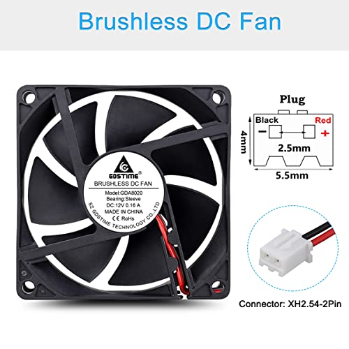 GDSTIME 80mm x 20mm 8020 12V DC Brushless PC Case Cooling Fan 2Pin | Replacement Fans for Mini Fridge, Chicken Egg Incubator, SFF Case, Desktop Power Supply, Wine Fridge, Cigar Humidor - size: 80x80x20mm