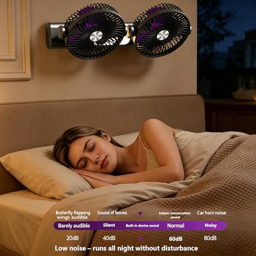 Quiet Fan with 360° Dual Heads, Battery Operated Desk Fan, 3-Speed Side Table Fan, Bedside Table Fan with Night Light, Portable Fan Wall Mount or Ceiling Hanging for Camping Bedroom Office (Grey)