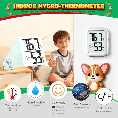 2 Pack Room Thermometer Indoor Hygrometer | Monitor Temperature & Humidity, Accurate, Fast Read, Easy To View, Magnetic/Kickstand/Hanging, ℉/℃, w/ Battery, Compact - color: 2 Pcs * Classic White ( 90%+ Choice for Home )