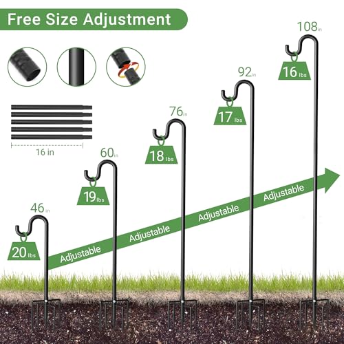 108" Shepherds Hooks for Outdoor, Extra Thick Bird Feeder Pole with 5 Prong Base, Adjustable Shepards Hook for Garden, Weddings, Hanging Plant - size: 108 Inch