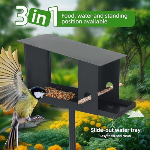 3-in-1 Metal Bird Feeder with Pole 59in High Weatherproof Wild Bird Feeding Station with Birdseed Area Removable Water Tray Custom Perch Ground-Mounted Bird Feeder for Small Birds Sparrow Tit Robin