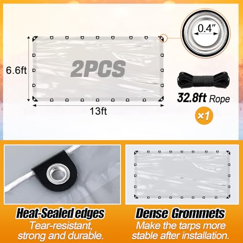 6.6x13ft Anti-Tear Clear Tarp Waterproof - 2pcs Windproof Poly Tarpaulin, Heavy Duty Transparent Enclosure with Grommets for Covering Chicken Coops Greenhouse Garden Plants - size: 6.6x13ft