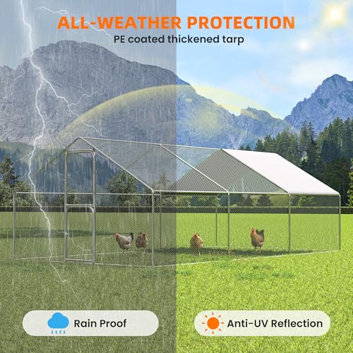 UDPATIO Large Metal Chicken Coop Run House, Walk in Heavy Duty Outdoor Enclosure w/Cover for 30+ Chickens, Ducks, Rabbits - Predator Proof Poultry Pen Habitat Hutch | Double Feed Door UV-Resistant Cover Galvanized Frame Outdoor Cage for Bird Duck Rabbit H