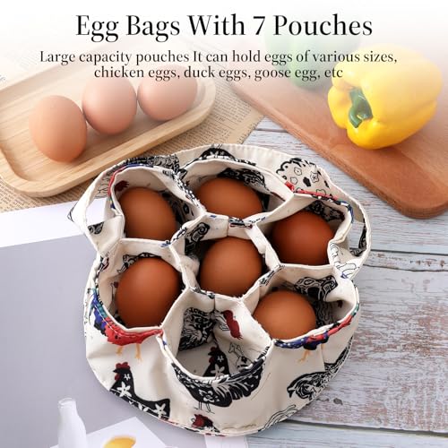 JJUNW 1 Pc Egg Collection Basket, Farmhouse Chicken Egg Holder with 7 Bags, Handheld Egg Purse Egg Basket for Collecting Fresh Eggs, Housewife Garden Transport Storage(Beige Chicken)