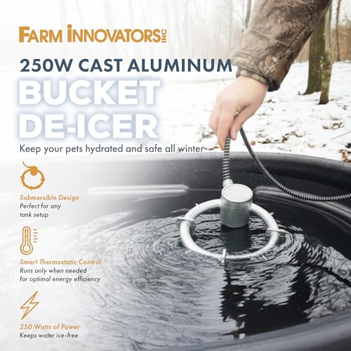 Farm Innovators Bucket De-Icer for up to 5 Gallon Bucket - 250W Water Deicer- Ice Chaser Cast Aluminum Design for Plastic or Metal Water Container | Thermostatically controlled heater operates only when necessary, safe in plastic buckets, cast aluminum co