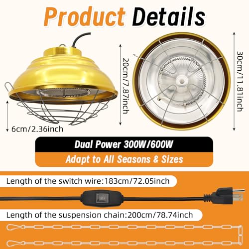 Chicken Heat Lamp 600W Carbon Fiber Tube Brooder Heater Lamp Hanging Chicken Heat Bulb Dual Temperature Adjustable (300/600W) for Chicks,Ducks,Dog Kennel,Cat House