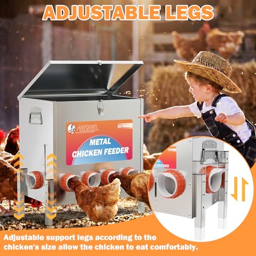 85LBS of Feed Chicken Feeder No Waste 10-Ports Automatic Large Poultry Feeder with Adjustable Legs Perspective Window Latch & Handle for Chickens Bantams Pheasants - size: 10 Ports - 85-120 LBS