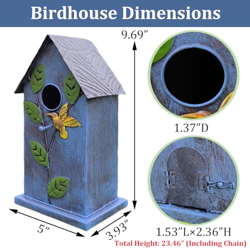 Metal Bird House for Outside - Elegant & Durable Hanging Birdhouse with Rustic Brown Roof & Vibrant Blue Design - Includes S-Hook for Easy Hanging (23.46in Tall)