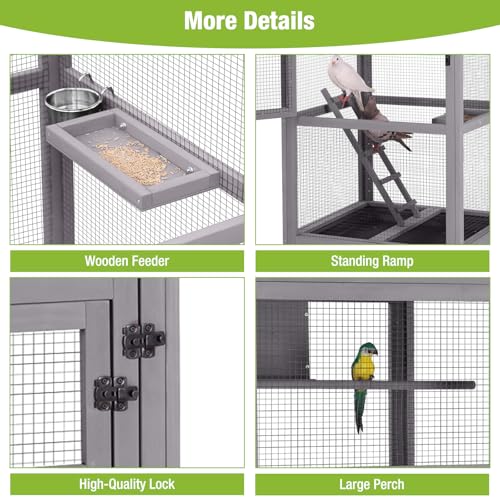 GUTINNEEN Large Bird Cage Outdoor Wooden Aviary Indoor on Wheels, with Play Stand, Perches, Nest Habitat & Wire Mesh Tray for Easy Cleaning