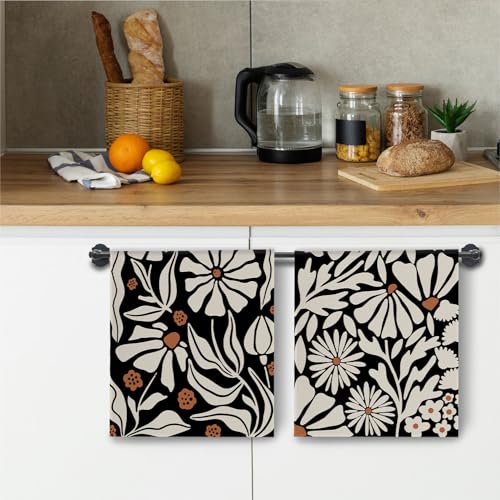Abstract Boho Beige and Black Floral Kitchen Towels, Groovy 70s Retro Botanical Dish Towels Drying Cloth for Kitchen, Mid Century Modern Flower Hand Towels for Bathroom, 16x24 Inch Set of 2 - color: Black Beige