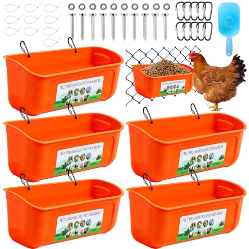 5 Pack Chicken Feeder, Duck Feeder Supplies, Hanging Fence Feed Trough with Clips for Goat, Sheeple, Piglet, Gooses, Turkeys, Dog Livestock Poultry, 8 Quarts in Total, Feed Scoop Included, Orange - color: Orange 5pcs
