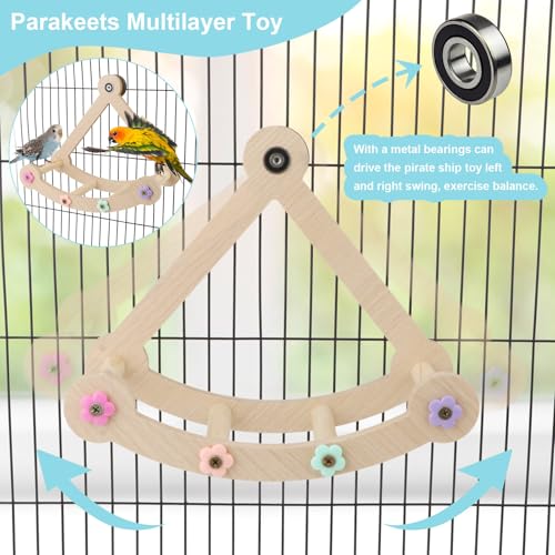 Bird Swing Toy Multilayer Bird Playground Natrual Wooden Activity Toy for Parakeets, Cockatiels, Conures, Lovebirds Cage Perch Stand with Chew Toys & Climbing Ladders (9.4x3.9x7.9 Inch)