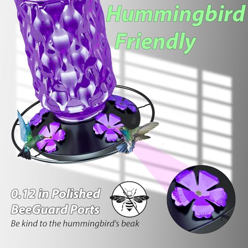 24OZ Glass Hummingbird Feeders for Outdoors Hanging,Five Feeding Ports with Perch, Leak Proof for Gardens Decor Backyard, Bird Feeder for Outside, Birthday Gifts for Women Men, Gifts for Mom Dad - color: Purple