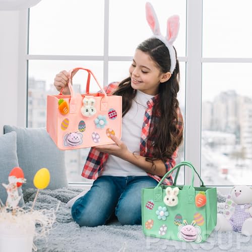 PARSUP 2PCS Happy Easter Egg Hunt Bunny Gift Treat Bags with Handles, Felt Easter Bags for Gifts Wrapping, Egg Hunt Game, Party Supplies, 12" x7.8" x6.8"(Pink + Green)