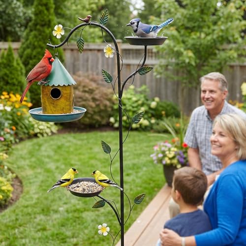 VINGLI 74.8" H Metal Bird Bath with Bird House, Outdoor Bird Bath with Stakes, 3-in-1 Bird Feeder for Patio, Garden, Yard, Lawn (Hanging Bird House)