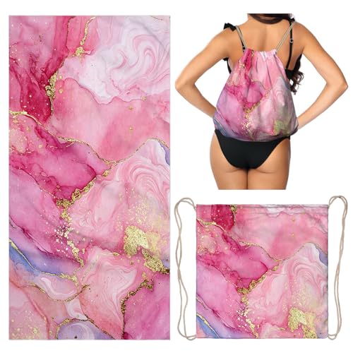 Pink Marble Beach Towel - Microfiber Beach Blanket Backpack 2 in 1 for Travel Adult Camping Holiday 63"x31.5" - color: Abstraction Marble Pink