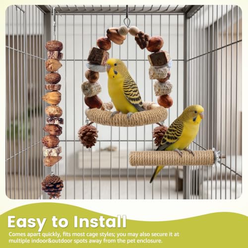 3Pcs Natural Bird Chew Toys, Hanging Bird Swing with Sisal Perch | Claw Grinding Non-Slip Grip Design, Saving Space, for Parakeet, Budgie, Cockatiel, Conure, Lovebird, Canary, Finch - color: swing+perch+chew