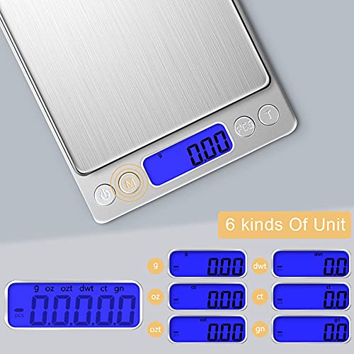 Kitchen Food Scale with 2 Trays, Diyife 500g/0.01g High Precision Scale | Mini Gram Scale with LCD Display, 6 Units, Auto Off, Tare Function, Cooking, Sliver (Batteries Included) - color: Silver