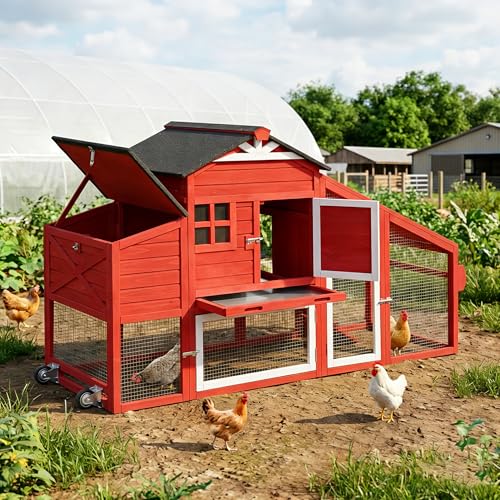 GUTINNEEN Chicken Coop with Wheels for 2-4 Chickens, Large Wooden Outdoor Hen House with Run, Waterproof & UV-Resistant Roof, Removable Leakproof Tray and Divided Nesting Box– Red - color: (Red-AIR32)
