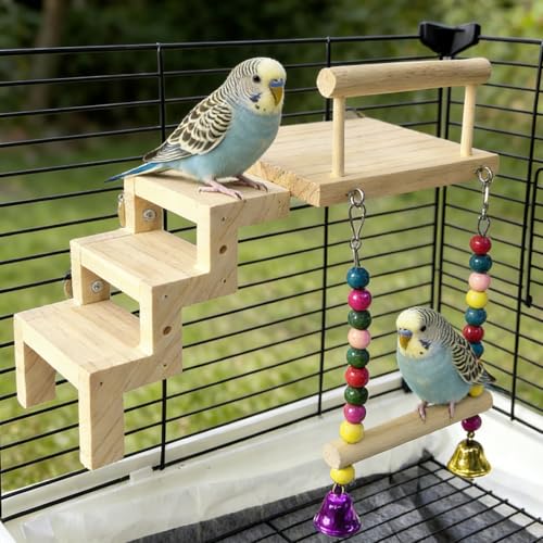Bird Perch Platform with Ladder & Swing,Parrot Wooden Play Gym Cage Toys | Bird Wood Playing Exercise Stands Perches,Parakeet Climbing Ladder Playground Cage Accessories for Cockatiel Budgie Lovebird - size: Bird Perch Platform with Ladder Swing