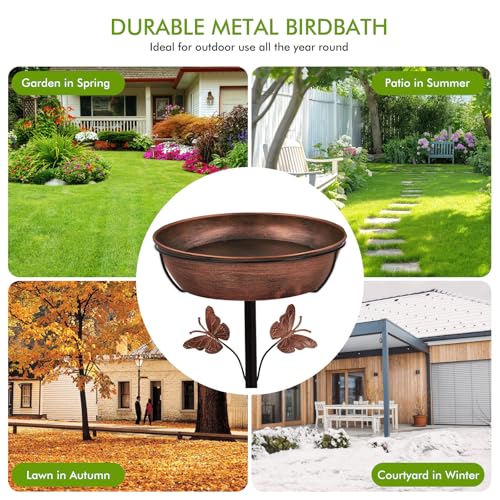 Metal Bird Bath Feeder for Outside – 3.14’’ Deep Birdbaths Bowl with Stable Stake & Upgraded 5-Pronged Base, 13’’ Dia Freestanding for Garden Yard Lawn Decor, 44’’ Tall Easy Clean 1.5 Gallon