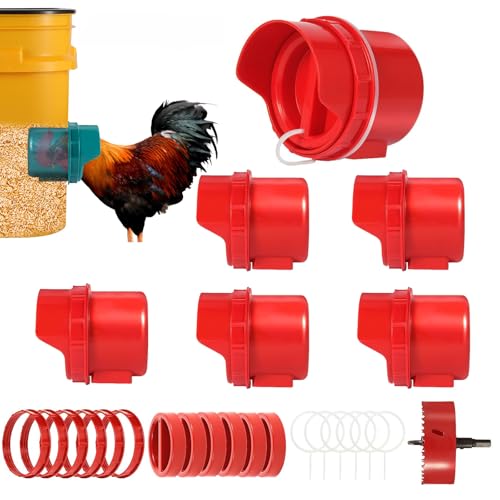 Chicken Feeder No Waste, 6 Ports Automatic Poultry Feeder with Covers & Hole Saw, Rain Proof Chicken Feeder Port for Buckets, Bins & Barrels - color: Red