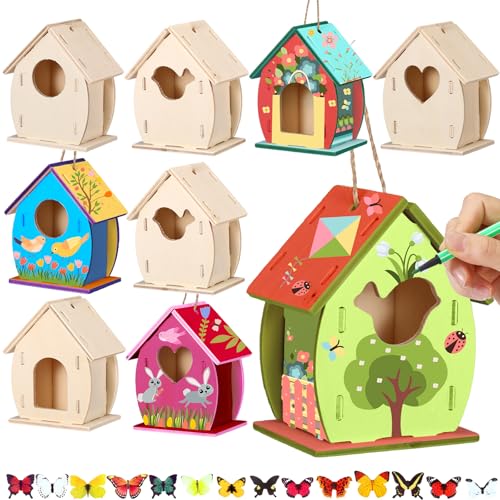 Outus 12 Pcs 5 × 7 Inch DIY Wooden Birdhouse Kit for Kids, Art Painting Bird House Craft Kit Unfinished Bird House Craft for Easter, Kids with Butterfly Sticker Gift 4 Shapes Summer Arts (Exquisite) - style: Exquisite