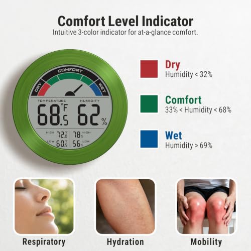 Digital Hygrometer Indoor Thermometer, Brushed Metal Frame, Green | Large round display, clear digits, accurate readings, comfort gauge, humidity meter, room temperature and humidity monitor - color: Green Stainless