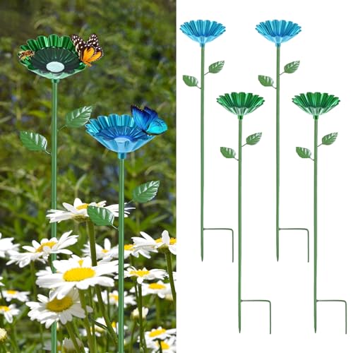 M METERXITY 4-Pack Bee Watering Station, 64cm/25 Inch Iron Bee Bath for Garden Water Feeder, Colorful Butterfly Bath Bowl for Outdoor/Garden/Yard Decor [Blue/Green] - color: Blue, green
