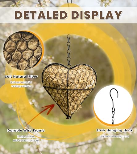 Bird Nesting Heart with Natural Fibers, Refillable Material Holder | For hummingbirds, outdoor garden art decor, gift for bird lovers