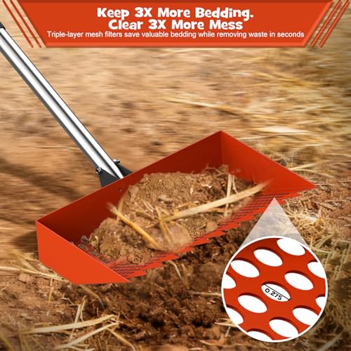 Chicken Poop Scooper & Rake 2-in-1 – 12 Inch Shovel Head & 3-Angle Adjustable 304 Stainless Steel Handle, Chicken Litter Scoop and Coop Rake & Sand Sifting Shovel for Chicken Coops, Orange - color: Orange