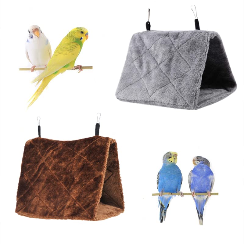 2 Pack Warm Bird Nest House Plush Birds Hut Bed Hanging Hammock Sleeping Bed Plush Hanging Snuggle Cave for Pet Parrot Parakeet Cockatiel Conure Cockatoo African Grey Macaw (Brown&Grey) - color: Brown and Grey