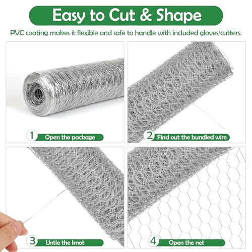 Floral Chicken Wire for Craft, 15.7 Inch x 75 FT Lightweight Galvanized Hexagonal Chicken Wire Netting, Silver Chicken Wire Fence for Garden Poultry Chicken Wire Mesh with Gloves, Wire Ties, Plier - size: 15.7 Inch x 75 FT