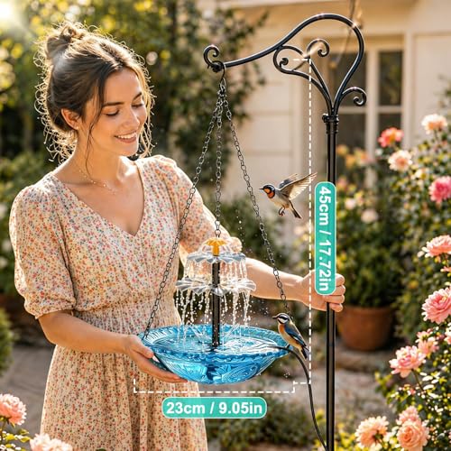 Solar Hanging Bird Bath Fountain, Solar Powered Cascading Water Fountain, Outdoor Hanging Bird Bath with Solar Fountain for Garden, Patio, Backyard
