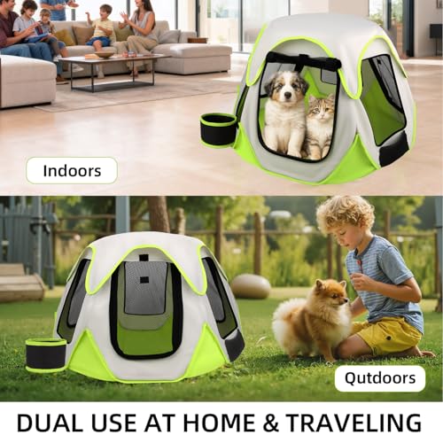 Foldable Portable Pet Playpen with Bowls,Indoor Outdoor Pet Enclosure Green | Foldable lightweight pet tent with feeding bowls; indoor outdoor & travel camping use, fits dogs, cats, rabbits, chickens - color: green