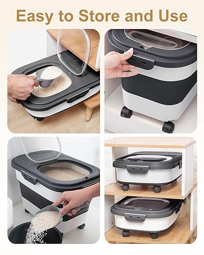 20-30 Lbs Rice Storage Container,Collapsible Food Storage Container | Flour Storage Container with Wheels Airtight Locking Lid,Rice Container Double Seal,Keep Fresh for Pet Food,Rice,Flour - color: Black/20-30LBS