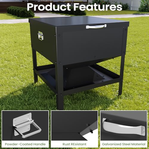 Metal Chicken Feeder, 56L Large Capacity Galvanized Steel Poultry Feeder with Raised Legs, 18 x 19.3 x 18 in Feed Storage Bin for Chickens, Ducks and Backyard Coop, Black
