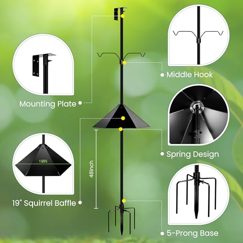 YINGYM Bird House Pole for Outdoors with Metal Squirrel Baffle, 95 Inch | Adjustable Bird Feeder Stand Pole with 2-Hooks for Hanging, Heavy Duty Metal Mounting Kit for Garden, Backyard and Patio - size: 95 inch with baffle