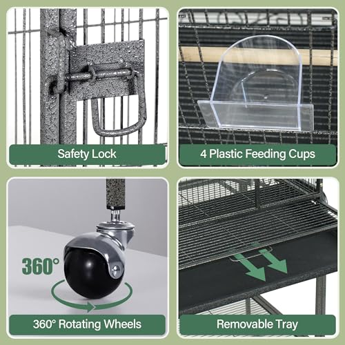 ZENY 53-Inch Parakeet Bird Cage, Wrought Iron Large Parrot Flight Birdcage | with Rolling Stand, Perches, Slide-Out Tray and Plastic Feeders, Casters,Bird Cage for Cockatiels Canary Finch - color: Black + Silver