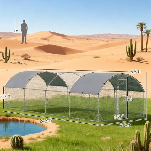 Large Metal Chicken Coop, Walk-in Chicken Run with Cover for Outdoor Yard & Farm, Poultry Cage Pen Hen House for Chickens, Ducks & Rabbits, 24.9 FT x 9.2 FT x 6.5 FT, Silver - size: 24.9 FT x 9.2 FT x 6.5 FT