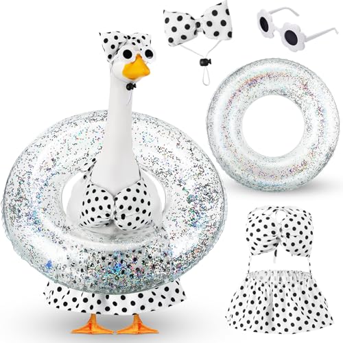 Bikini Porch Goose Outfits with Sunglasses and Swimming Tube for 23" Summer Goose Costume Garden Patio Statue Decor(Black Polka Dots) - style: Black Polka Dots