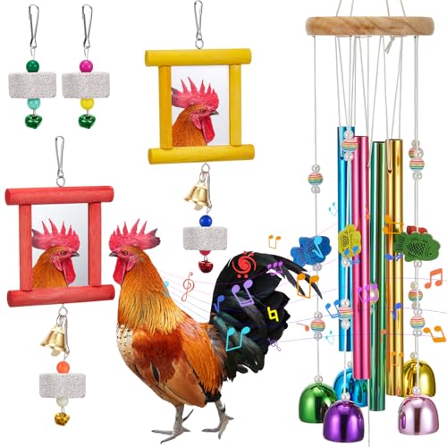 VioraWhite 7 Pcs Chicken Toys, Hanging Chicken Wind Chime, 2 Pcs Coop Mirror Toys with Bells 4 Pack Beak Grinding Stones, Musical Coop Accessories for Hen Rooster Chick Poultry Bird (Rose Red, Yellow) - color: Rose Red, Yellow